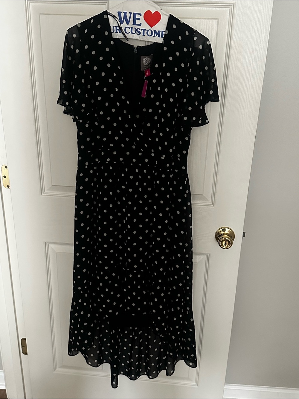 Vince Camuto Black Polka Dot Midi high low Dress with V-Neck